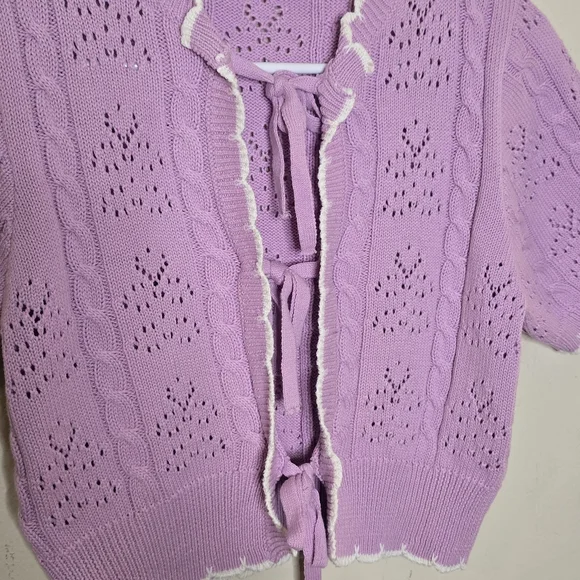 Miss Selfridge Cropped Pointelle Tie Front Cardigan Women’s Size Small Lilac - Picture 9 of 11